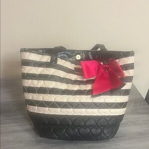 Betsey Johnson Striped Black and Cream Tote with Pink Bow